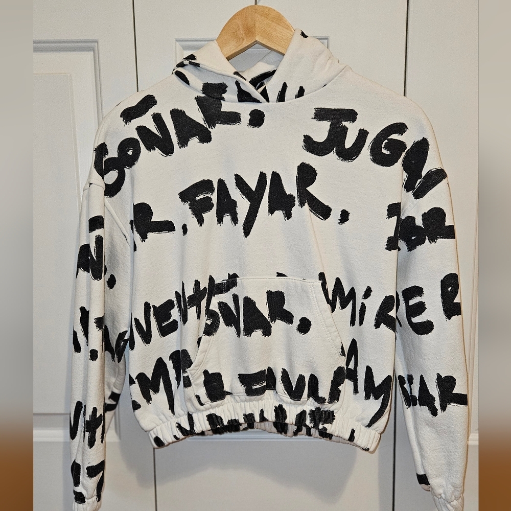 Desigual Women's S, Black & White Manifesto Cropped Hoodie Sweatshirt